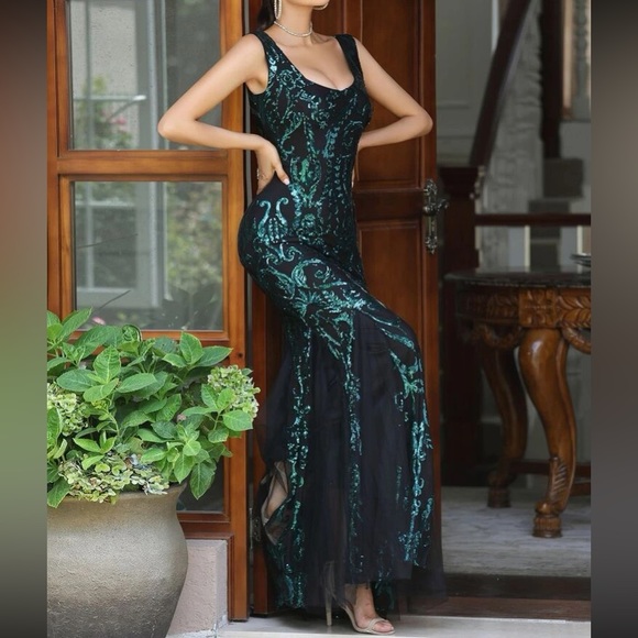 Luxe mermaid hem prom party formal mesh insert sequins gown dress - Picture 5 of 6